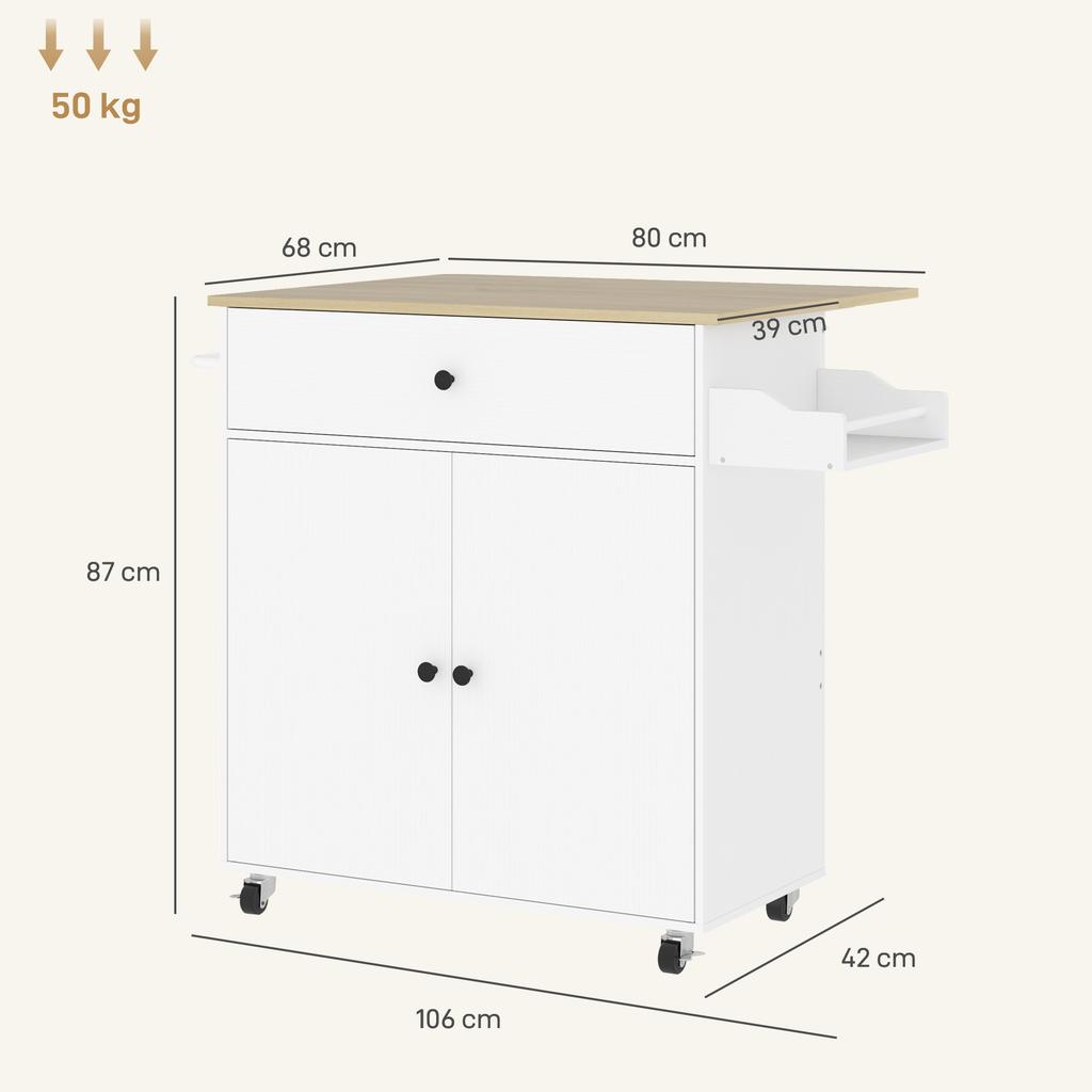 Rolling Kitchen Island with Drop Leaf, Kitchen Storage Cart with Drawer, Spice Rack and Towel Rack, White