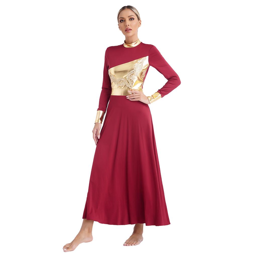 Womens Liturgical Praise Dance Dress Metallic Shiny Color Block Mock Neck Long Sleeve Applique Worship Costume