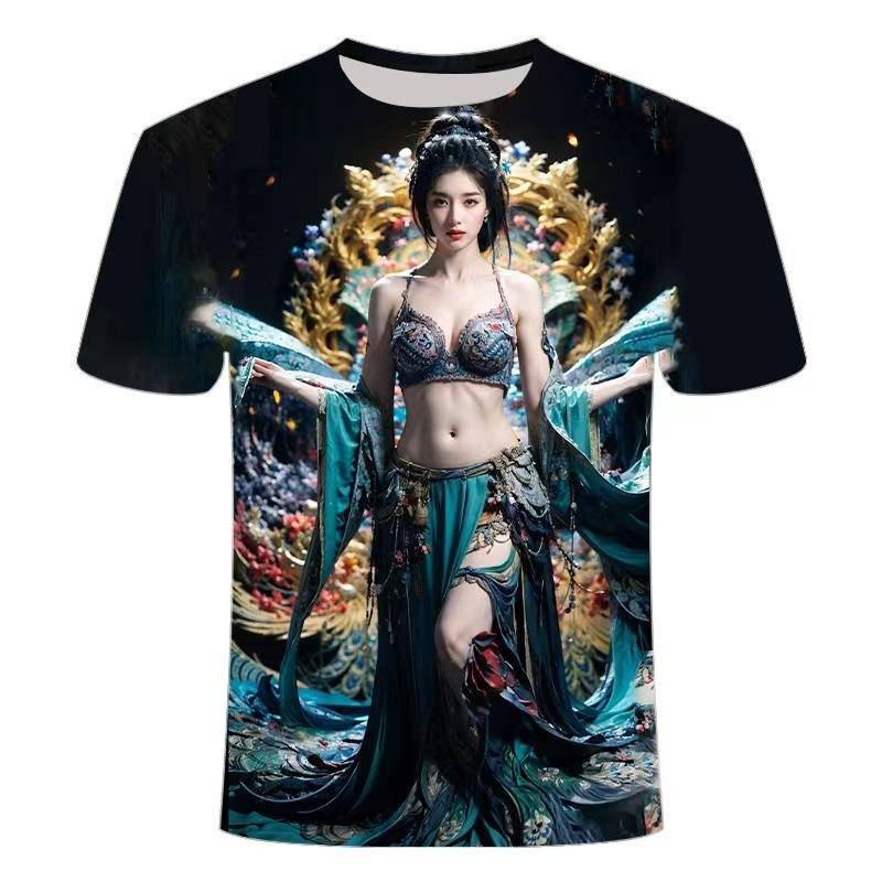 Summer Round Neck 3D Beauty Print Top Fashionable Casual Short Sleeved Men's T-shirts