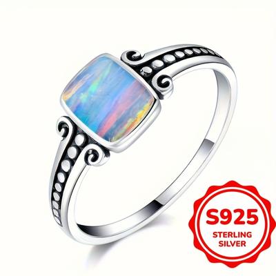 Vintage Bohemian 925 Sterling Silver Rings for Women Square Opal Ring Anniversary Gifts for Lover Luxury Jewelry