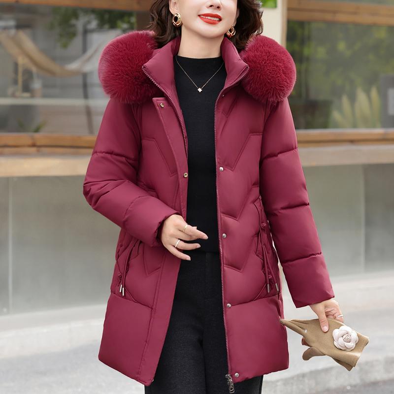 Plus Size Middle Age Women Winter Coats Hooded Faux Fur Collar Elegant Thick Warm Parkas Female Jackets