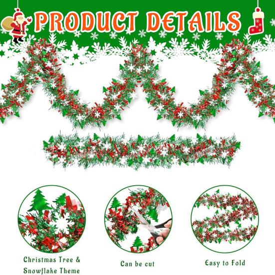 6.5ft Christmas Snowflake Tinsel Garland Faux Greenery Metallic Twist Garland for Indoor Outdoor Porch Window Fireplace Wall Holiday Decor