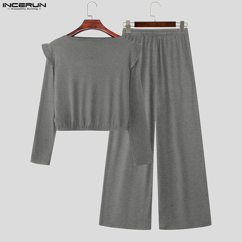 INCERUN 2 STÜCKE Herren Langarm Cropped T-Shirts und Lange Hosen Lässige Outfit-Sets