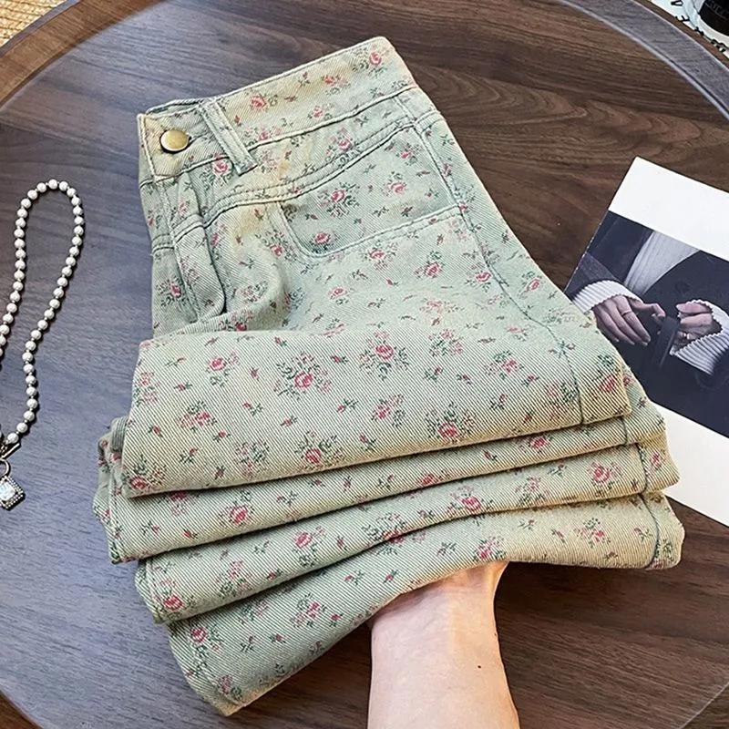 Women's Summer Retro Korean-Style Floral Print Wide-Leg Jeans: Stylish High-Waisted, Loose-Fitting, Relaxed-Fit Straight-Leg Pants
