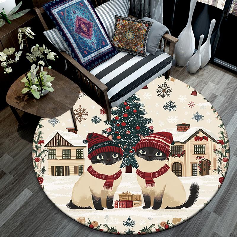 Christmas Cat Pattern Round rug,Carpet Rug for Living Room Bedroom Playroom ,Non-slip Floor Mat,Holiday Gifts and Birthday Gifts.