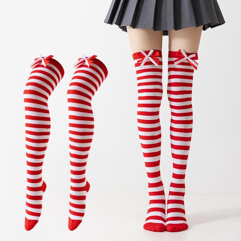 1 Pair Double Bow Decor Striped Over Knee High Socks Soft Skin-friendly for Girls Cosplay Halloween Costume Wear