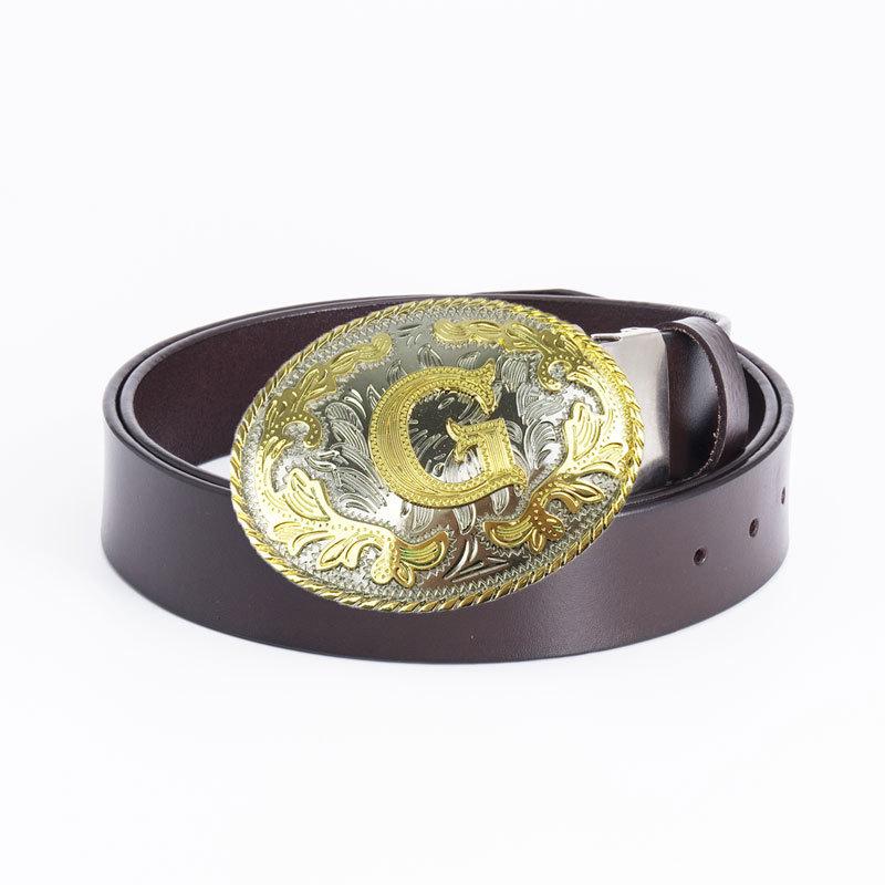 Men's Punk Whole Cowhide Perforated G-shaped Buckle Leather Belt for Jeans - Fashion Casual Retro Style