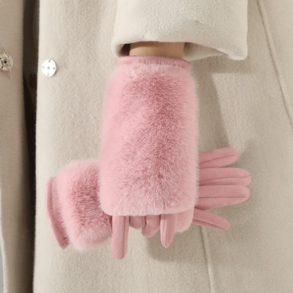 Thickened Suede Touch Screen Gloves Detachable Lining Riding Gloves Faux Fur Gloves for Women