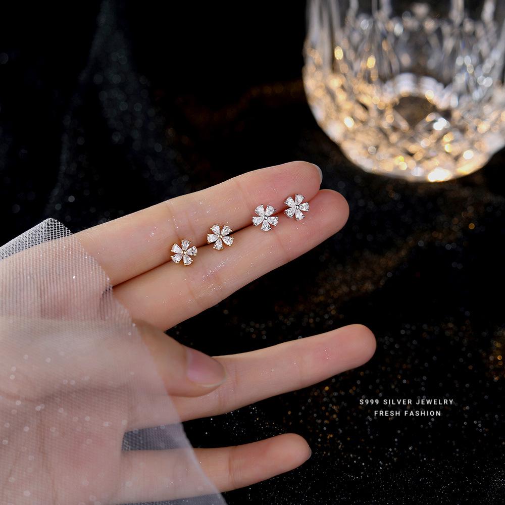 S999 Sterling Silver Mini Petal Set Zircon Stud Earrings for Women Small Cute Ear Jewelry Wholesale