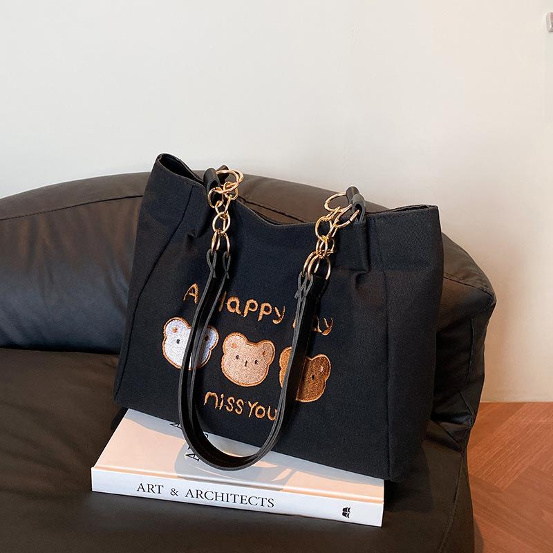 

2025 new college students class commuter bag large capacity shoulder portable canvas bag cute cartoon only beautiful woman bag чёрный