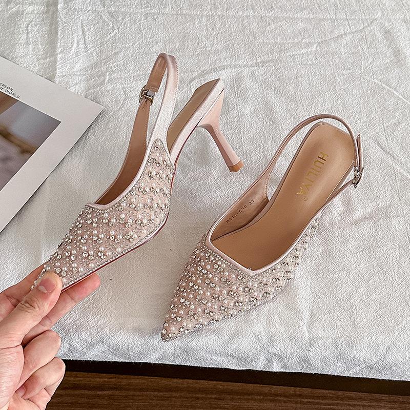 B813-ES8 Sequined Temperament Socialite Bag Head Sandals 2025 New Summer Pointed Rear Empty High-heeled Shoes