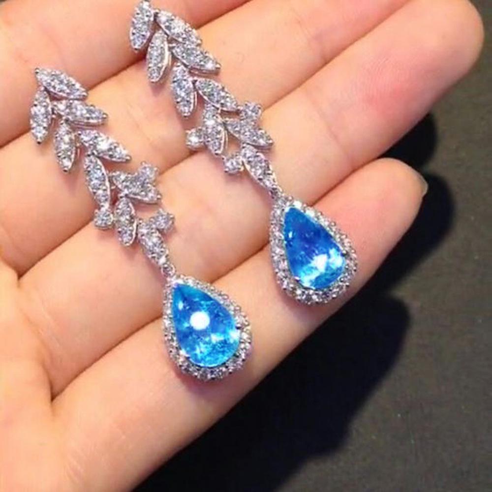 Cao Shi Exquisite French Design Sea Blue Zircon Water Drop Earrings - High-End Luxury Pear-Shaped Earrings