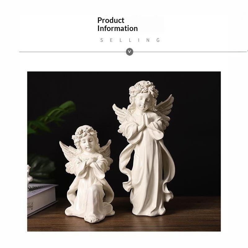 White Resin Praying Angel Figurines With Delicate Wings Floral Crown For Home Desktop Shelf Decor