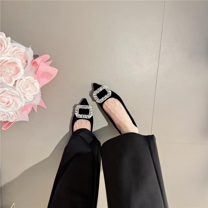 Rhinestone Buckle Luxury Block Heel Flats French Pointed Toe Women Banquet Slip On Loafers