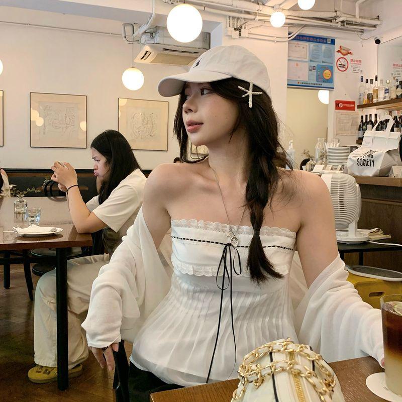 

Wildly Hot Red Hot Night Slightly Chubby Girl Pure Desire Style Lace Trim Tube Top Hot Girl Plus Size Set for Women White Blouse (Choose One Size Fits All) One size