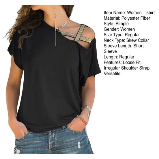 Women T-shirt Skew Collar Asymmetrical Tee Shirt Pure Off-Shoulder Design Color Loose Fit Summer Casual Pullover