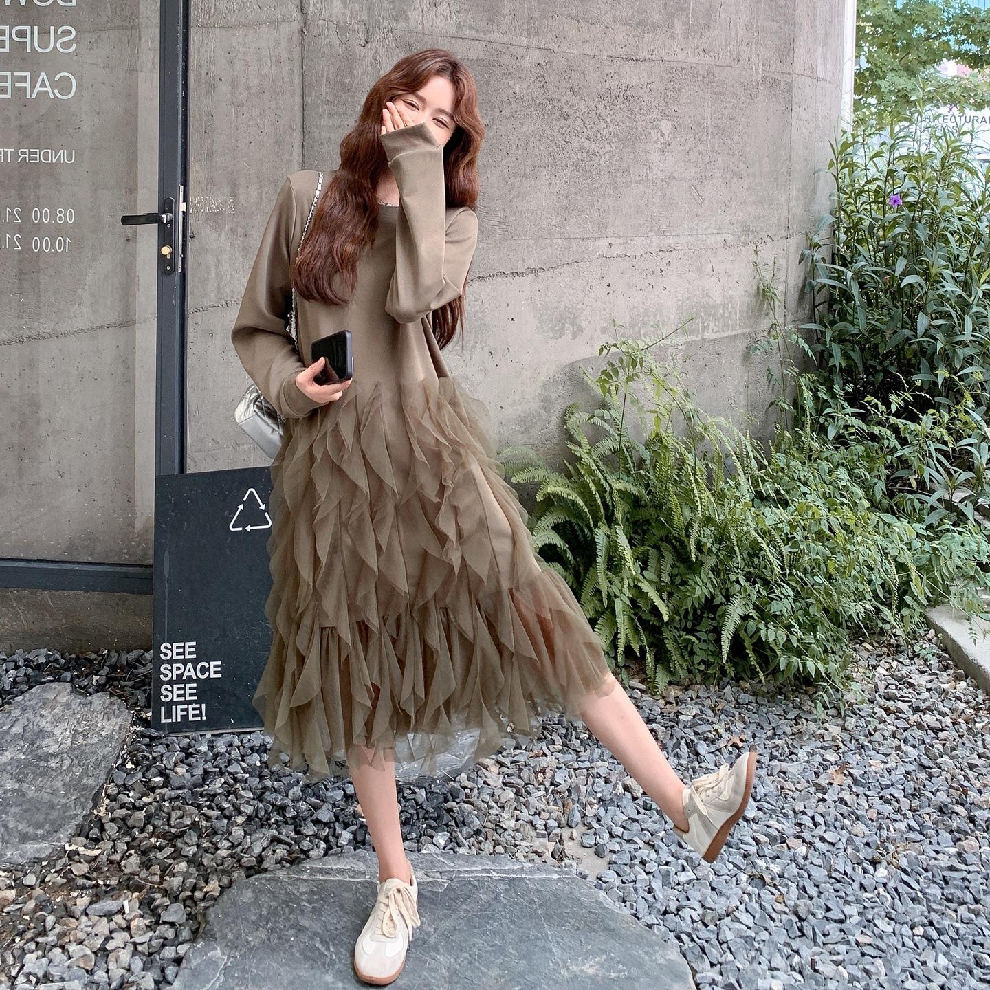 

Khaki Green Embroidered Mesh Patchwork Long Sleeve Dress - Women s Spring/Autumn Korean Style Cake Dress Extra Large зеленые хаки