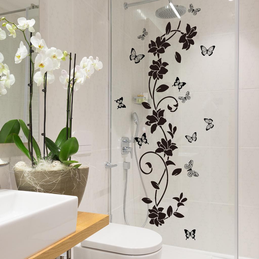 Pure Black Flower Butterfly Bathroom Bathroom Door Sticker Bathtub Sticker Bedroom Background Wall Sticker Self-adhesive Wall Sticker