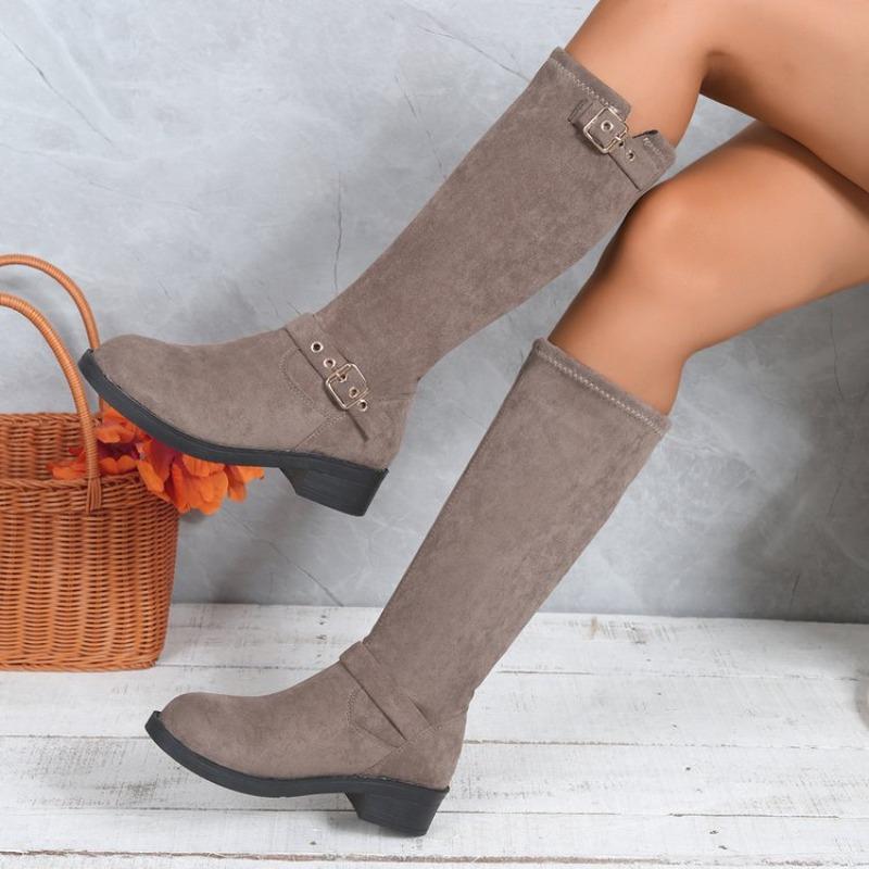 French Vintage Tall Boots Winter New Round Toe Suede Buckle Soft Sole Non-slip Block Heel Boots
