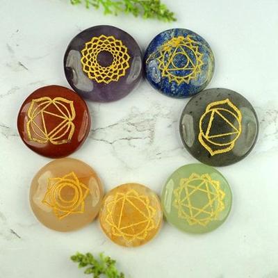 Set of 7 Pcs 7 Chakra Symbol Engraved Set Healing Gemstone for Reiki Healing Crystal Healing