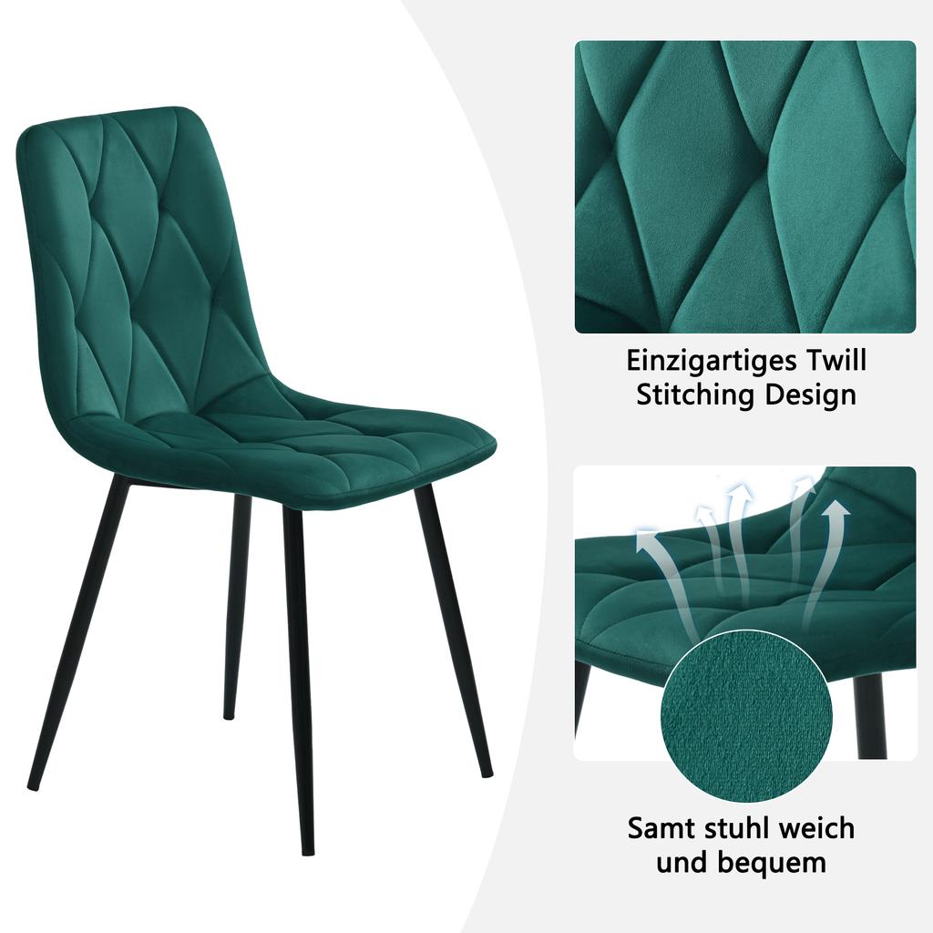 Dining Table and Chair Set (5-piece), Modern, Round, Made of Marble, Table Legs Made of Black Metal + 4 Ergonomic Chairs Made of Green Suede