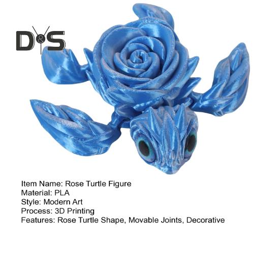 3D Printed Rose Turtle Figurine Movable Joints Flower Sea Tortoise Figure Articulated Animal Model Toy Home Office Bookshelf Desktop Decoration