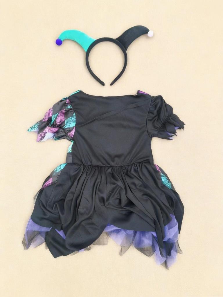 Kids Halloween Skeleton Jester Costume Dress, Girls Themed Outfit with Jester Headband