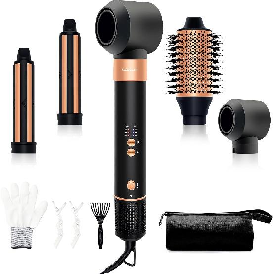 

Фен-стайлер для волос - 110 000 об/мин, гибкий стайлер для волос для быстрой сушки/вращающейся завивки/придания объема/выпрямления, автоматические бигуди Black-golden