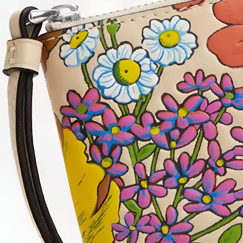Coach Corner Zip Wristlet 16 Floral Print Leather Clutch Women clutch Silver Ivory Multicolor CR946-SVIO