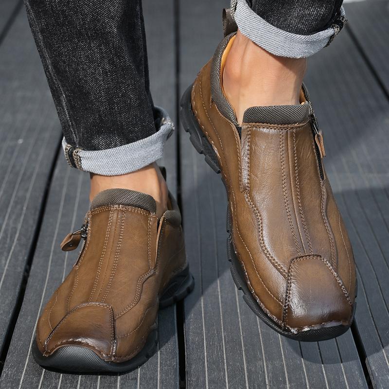 Men's Low-top Leather Shoes Zipper Casual Sneakers Plus Size 39-46