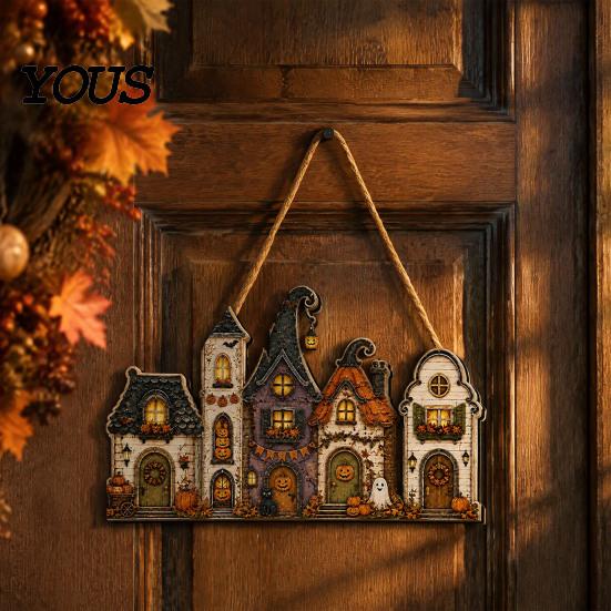 Autumnal Porch Decoration 2D Wooden Halloween Door Hanger Sign, Pumpkin Ghost Vintage Town Building Welcome Front Seasonal Wall Plaque with