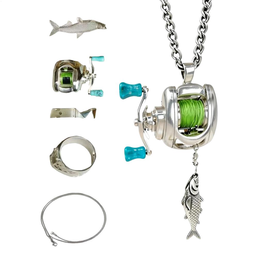 Realistic Fishing Pendant Necklace Jewelry Fishing Reel Pendant For Fishing Reel Jewelry Mini Fishing Gear Pendant Necklace