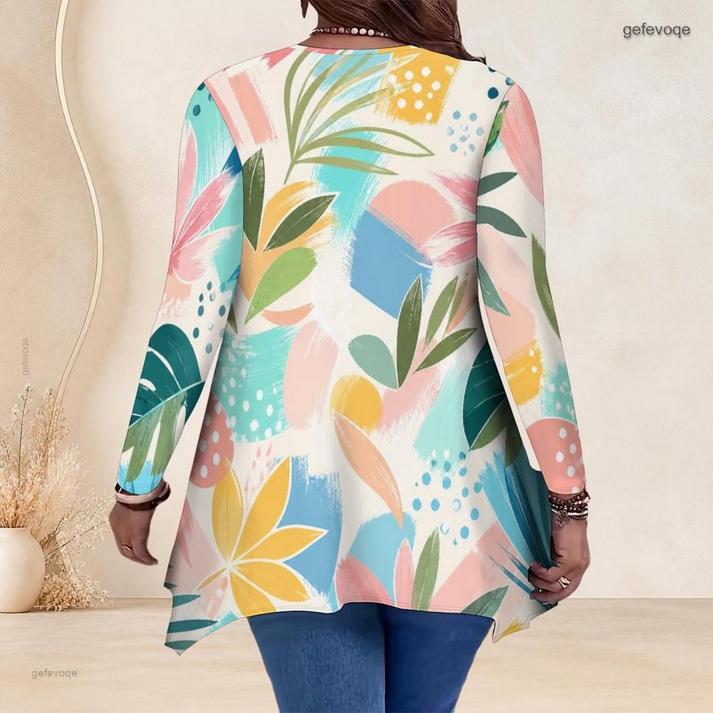 Women Plus Size V Neck Long Sleeve Colorful Printed Asymmetric Hem Flared Tunic Top
