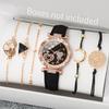 6PCs/Set Women's Fashion Watch Round Multi Heart Dial Leather Strap Quartz Watch with Black Triangle Bracelet