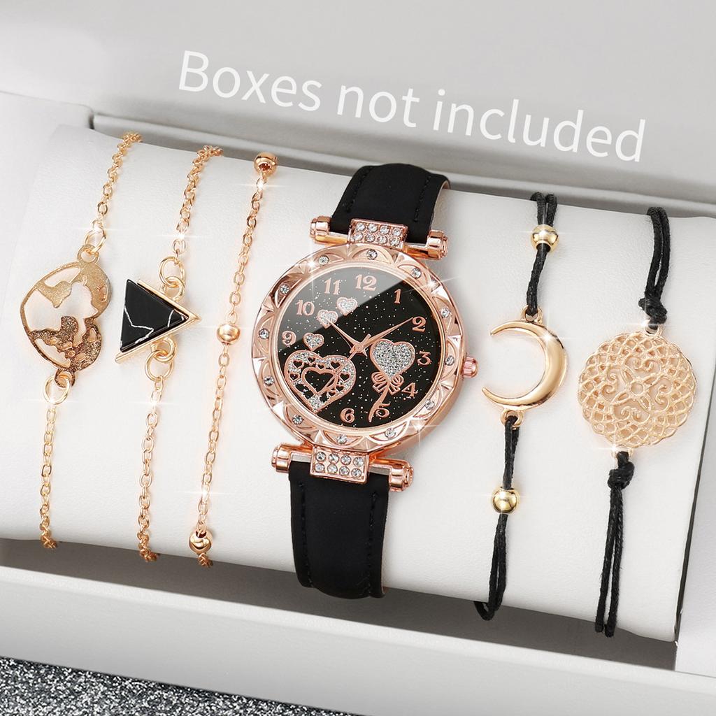 6PCs/Set Women's Fashion Watch Round Multi Heart Dial Leather Strap Quartz Watch with Black Triangle Bracelet