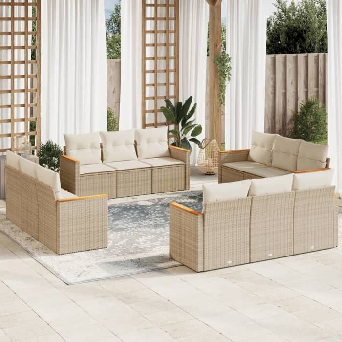 VidaXL Salon de Jardin avec Coussins 12 pcs, Canapés de Terrasse, Ensemble de Meubles de Patio, Mobilier d'Extérieur, Beige 3258236