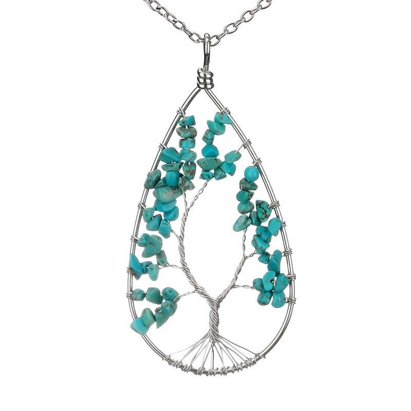 Silver Tree of Life Necklace with Seven-Color Natural Stone and Crystal Water Drop Pendant