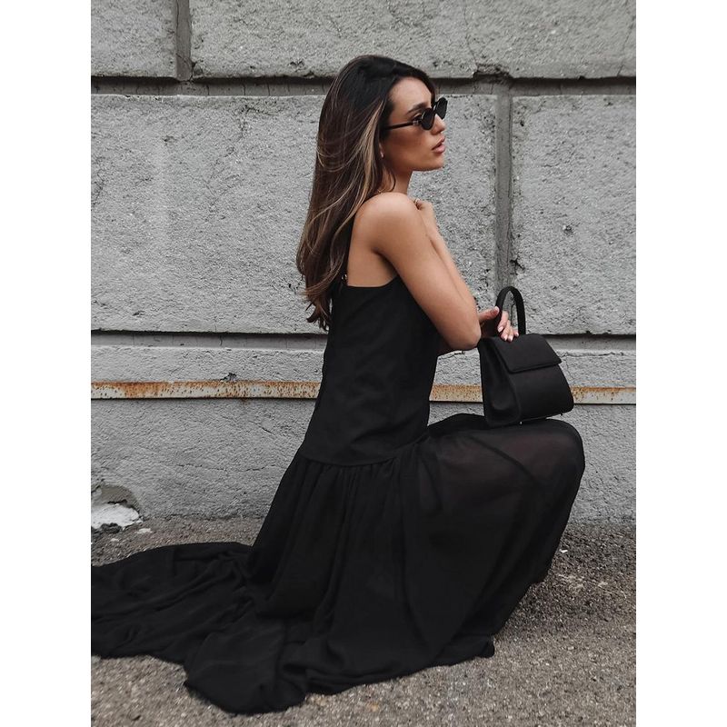 French Style Patchwork V-neck Strap Dress Stylish Fashion Sexy Backless Spaghetti Straps Long Dress Spring and Summer