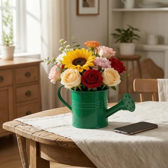 Colorful Iron Floral Container Metal Watering Can for Outdoor Plants, Small Kettle with Handle Decorative Plant Jug Succulents Garden Flowers,