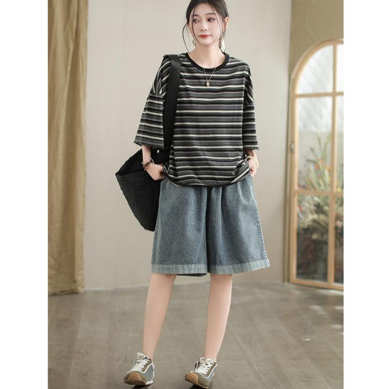 DIMANAF 2025 Summer T-shirt Women Spliced Stripe Printing Short Sleeve Loose Black