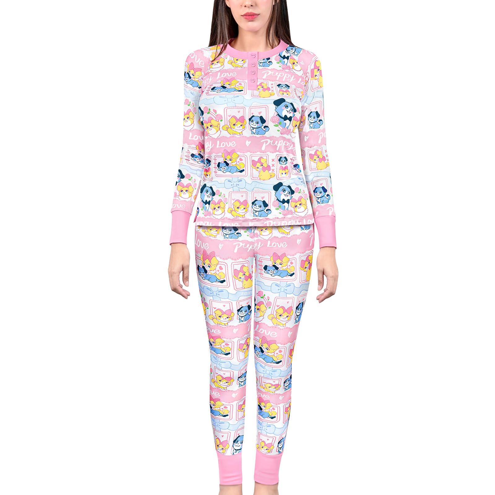 

[LittleForBig] Взрослый шелковистый пижамный комплект (Набор из 2 предметов) «История любви Ао-чан» Лонгслив и брюки, Домашняя одежда, Эластичная, Унисекс, Розовый, Размер L