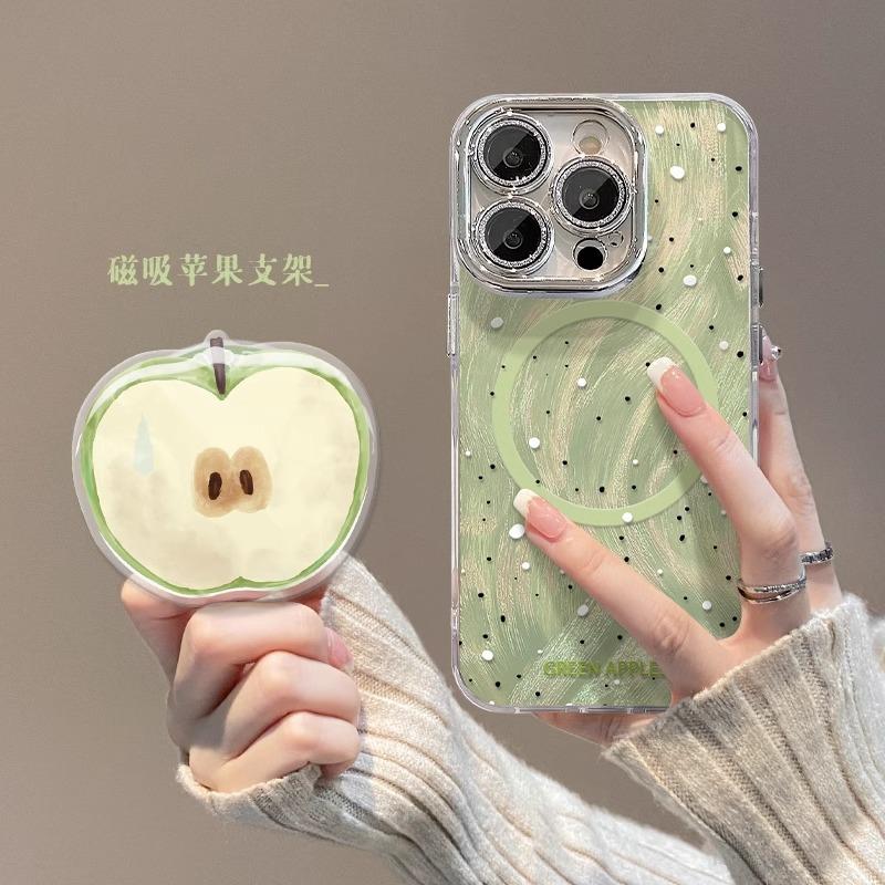 Splash ink green apple magnetic suction bracket is suitable for Apple 16 mobile phone case feather yarn lens film advanced anti-drop