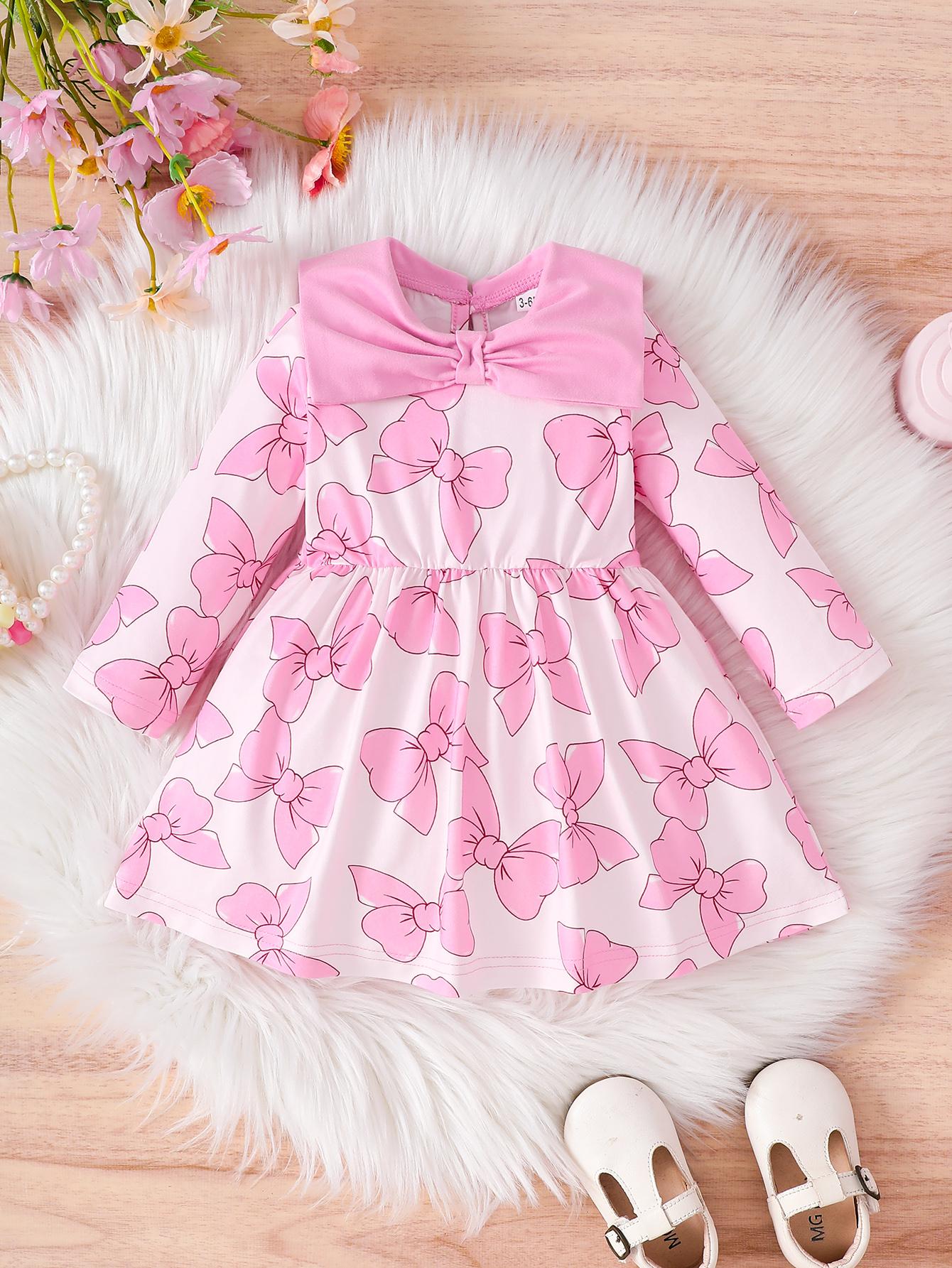 

Платье с длинным рукавом и оборками для девочек, базовое с круглым вырезом, повседневное, мягкое платье с принтом для детей 12 розовый