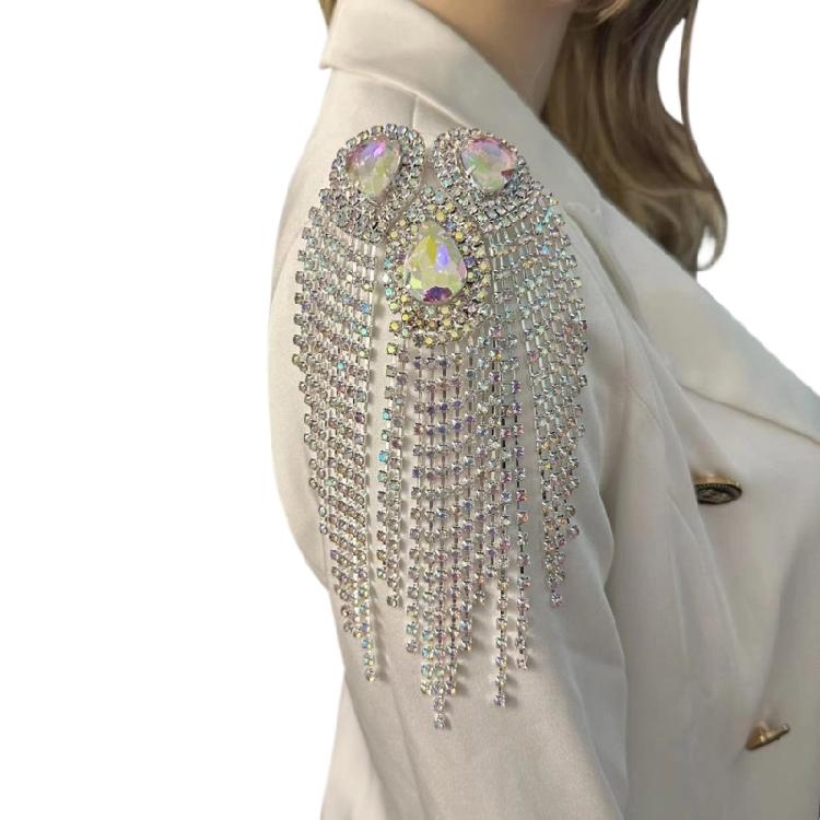 Rhinestones Studded Epaulettes Tassels Fringed Shoulder Epaulet For Evening Gown Cosplay Outfits Clothing Embellishment