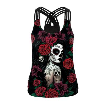 New Rose Skull Digital Printed Vest Women's Sports Running Elastic Skinny Top
