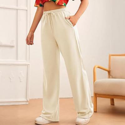 Women Wide Leg Pants Elastic High Waist Adjustable Drawstring Pure Color Long Sweatpants with Pockets Casual Lounge Pants Daily Wear