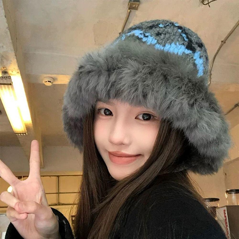 Windproof Faux Fur Lei Feng Hat Ethnic Style Pullover Beanie Hat Knitted Plush Hat Autumn Winter