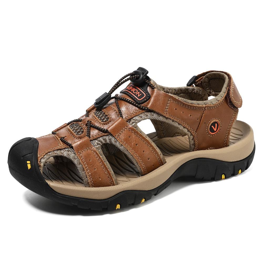 Mens Big Size Sandals Summer Genuine Leather Beach Slippers Non Slip Handmade Stitched Sandals