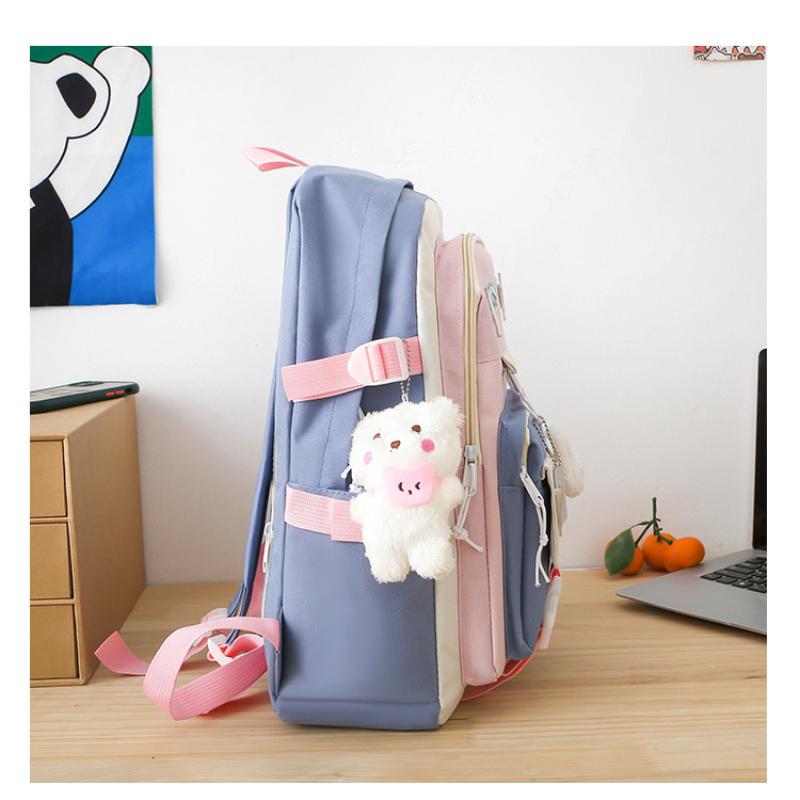 Middle School Boys and Girls School Bags Fashion Canvas Color Blocked Primary Student Backpack 5 Pcs Set Satchel with Tutoring Bag
