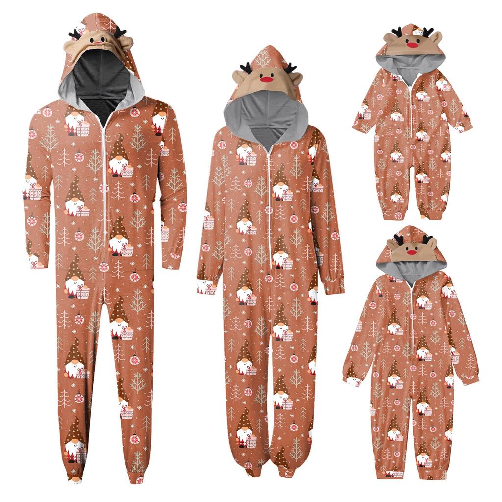 Christmas Print Family Matching Hooded Long Sleeved Zippered Jumpsuit Set
